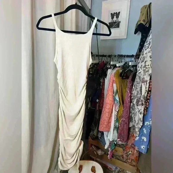 PRINCESS POLLY Beige Cream Ribbed Ruched
Side Tie Bodycon Tank Mini Dress size 4 - Picture 1 of 4